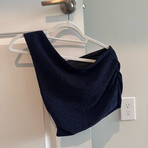 Mango One-Shoulder Navy Shimmer Glitter Sparkly Ruched Sides Top